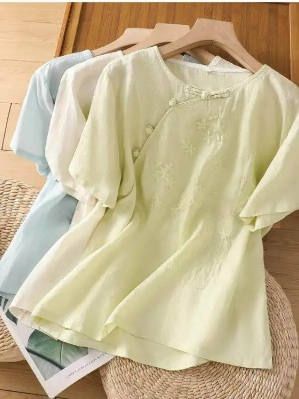 

Retro Embroidered Cotton Linen Shirt Button up Loose Fit Mom Style Summer Fashionable Top Women's Clothing Artistic Flair
