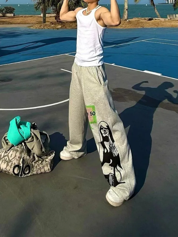 

Spring New Lazy American Streetwear Printed Loose Fitn Men's Casual Pants Straight Leg Fit Casual Spor Sle