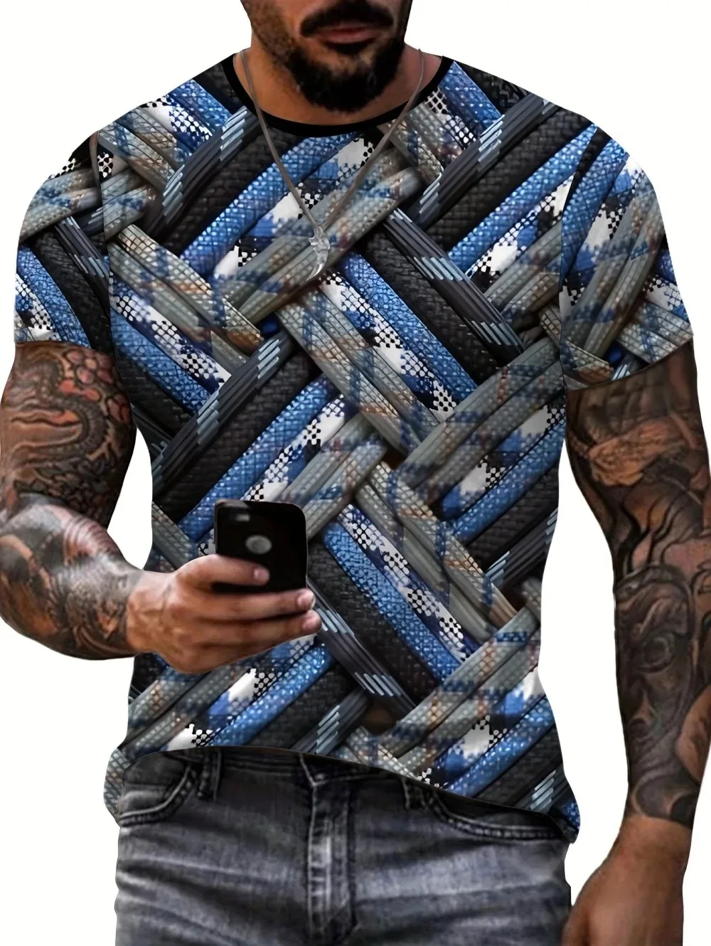 Sommer Hip-Hop Y2K Farbiges Dickes Seil-Gewebtes 3D-Druck Atmungsaktives Schnelltrocknendes Herren-T-Shirt Outdoor Freizeit Streetwear Eltern-Kind-Kleidung – Detail 5