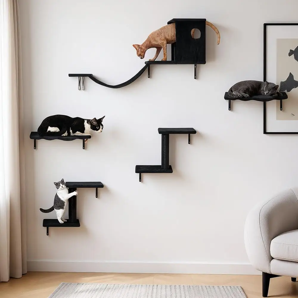 

6-in-1 Cat Wall Shelves, Wall-Mounted Furniture for Indoor Kittens, Modern Floating Shelves with Scratching Posts, Bed, Perch, B