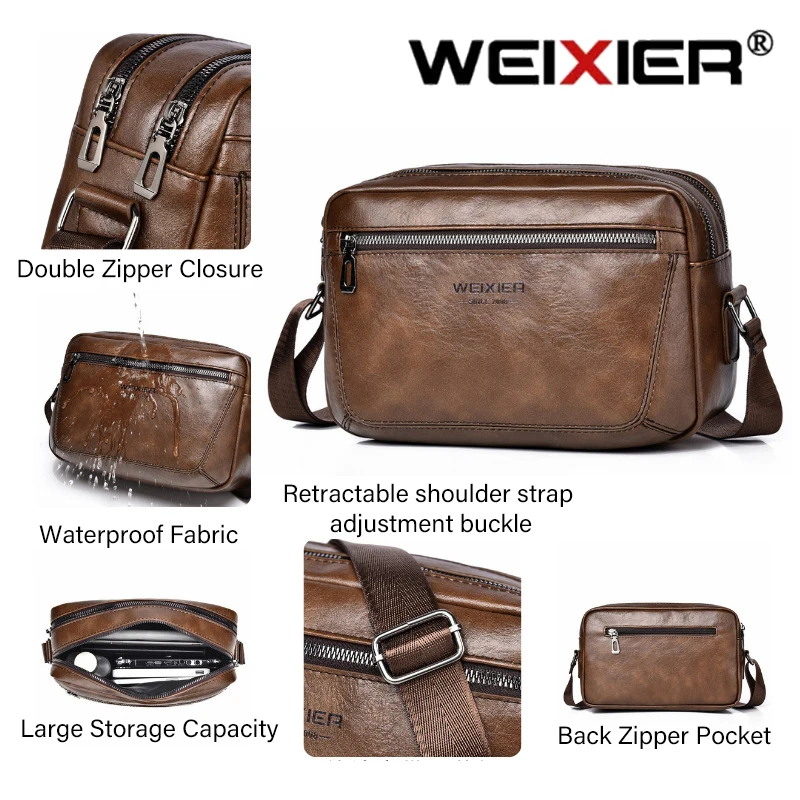 WEIXIER Retro Business Men Crossbody Bags High Capacity Leisure Messenger Bags Brand PU Material Waterproof Scratch Resistant