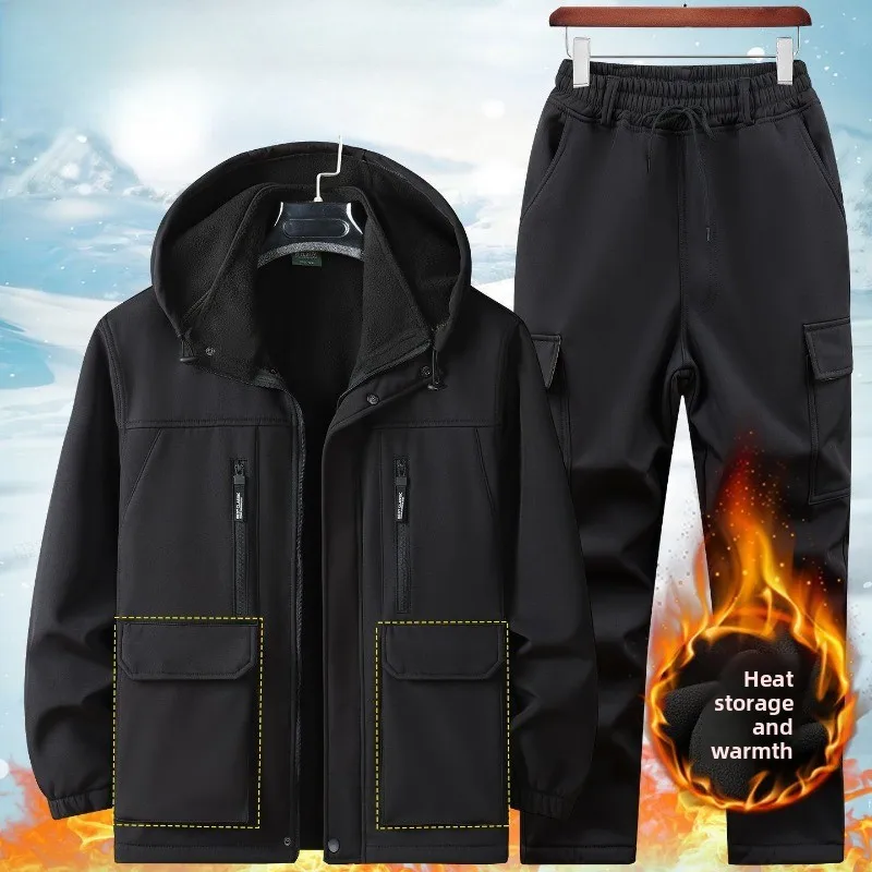 Winter Men Thickened Jacket Set Fleece Cold-proof Warm Work Clothes Casual Multiple Pockets Windproof Hooded Pants Sweatwear Set