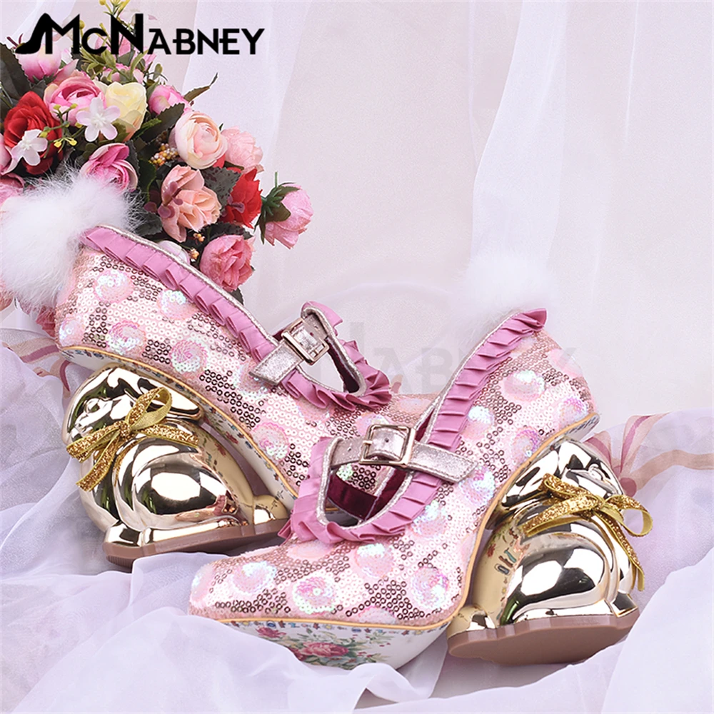 

Rabbit Chunky Pumps Novelty Design High Heels for Women Bling Sequins Party Shoes Exquisite Unique Designer Style High Heels New