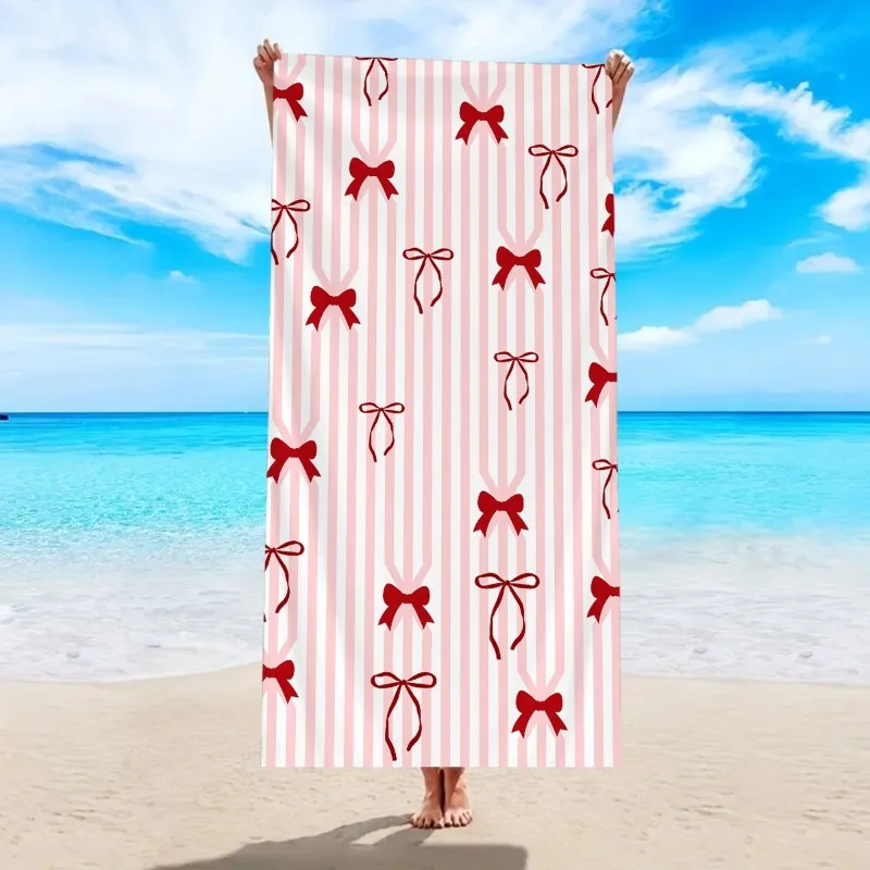Quick Dry Beach Towel Oversized Beach Towel Pink Bow Print Lightweight Absorbent Sand Free Travel Pool Towel