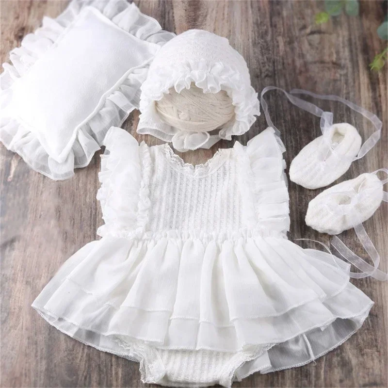 4-piece/set Newborn Photography Outfit Girls Lace Romper Hat Shoes Pillow Newborn Photoshoot Props Costume Baby Girls Dress