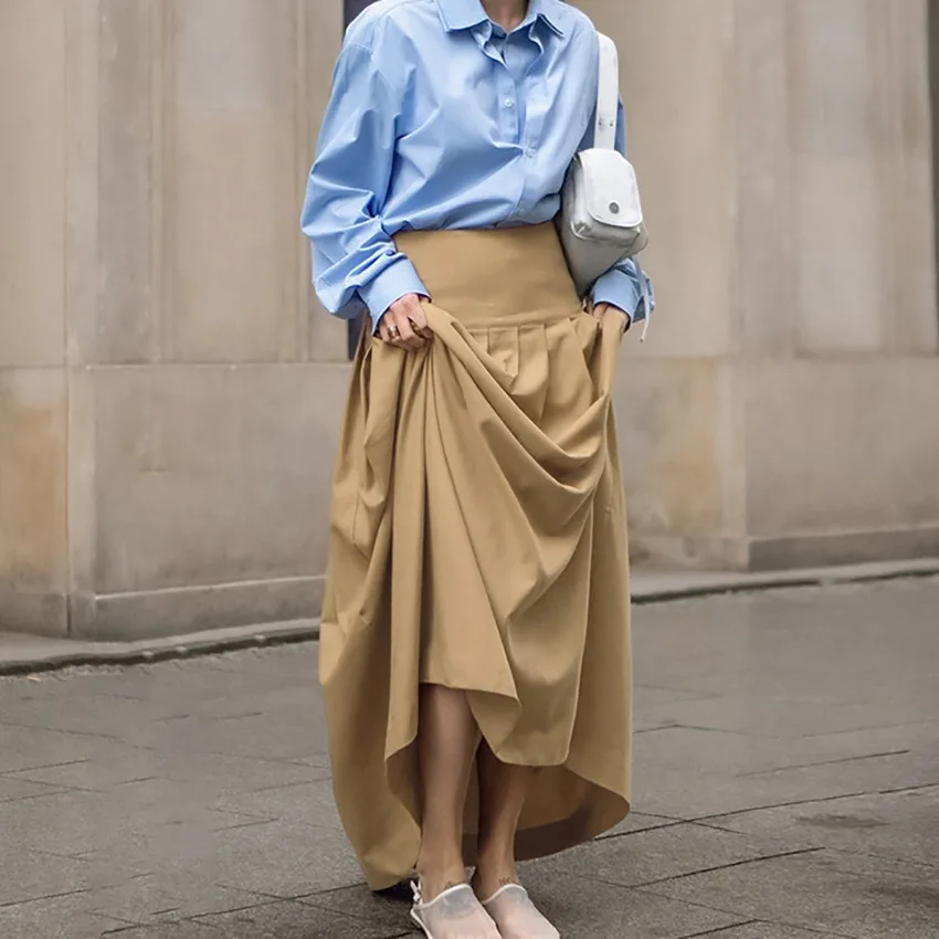 Saia plissada feminina primavera retro francês indústria pesada cáqui plissado em forma de saia média e longa