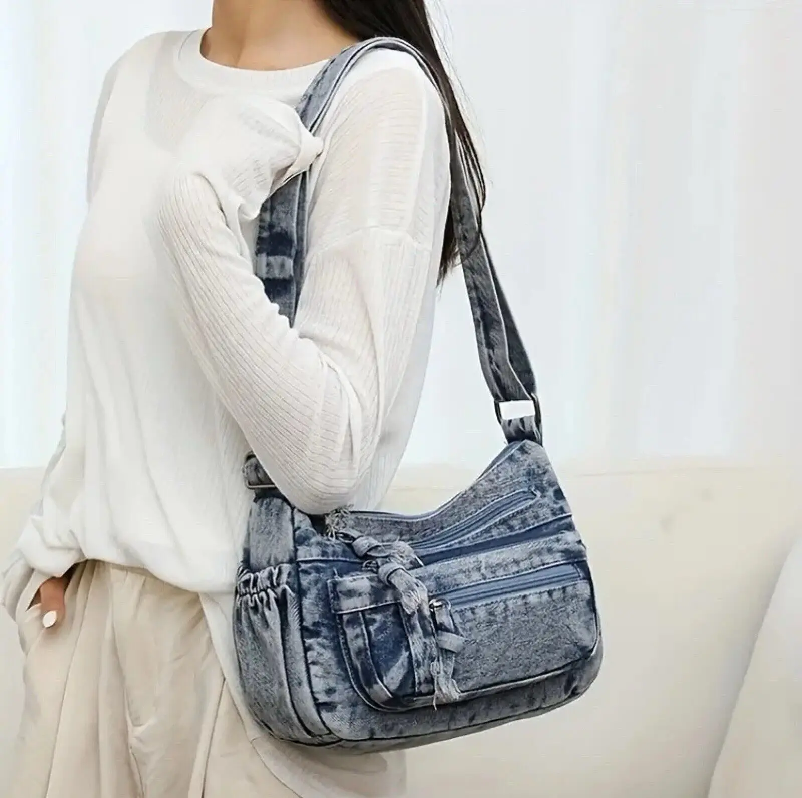 

Spring Retro Washed Fabric Simple Denim Travel Leisure Commuting One Shoulder Crossbody Handbag Underarm Bag Student Girl
