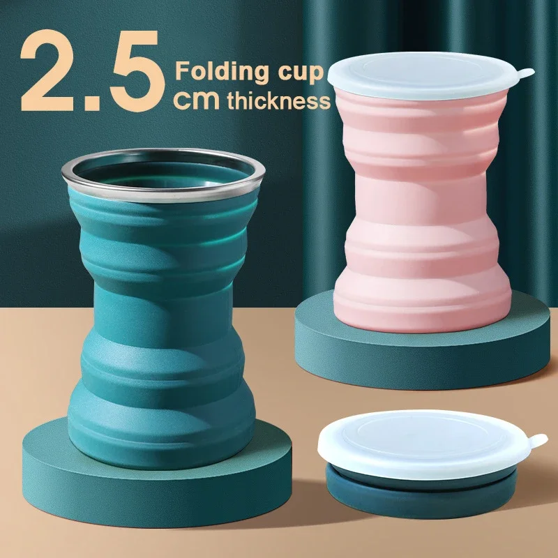 Portable Silicone Folding Water Cup Outdoor Heat Resistant Foldable Mug with Lid Collapsible Travel Drinking Cups for Camping