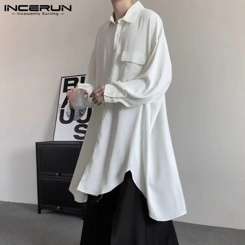 INCERUN Tops 2024 Korean Style Handsome New Men Irregular Hem Mid Length Shirts Leisure Streetwear Male Solid Loose Blouse S-5XL