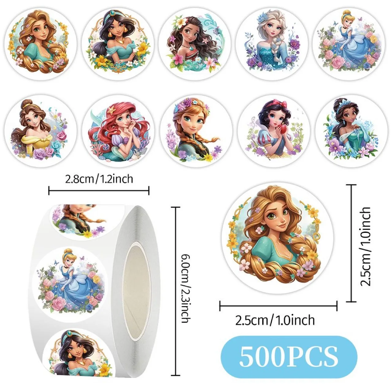 500pcs 롤 스티커 소녀 공주 애니메이션 귀여운 스티커 Kawaii Charizard 라운드 인감 스티커 롤 스티커 낙서 수하물 선물