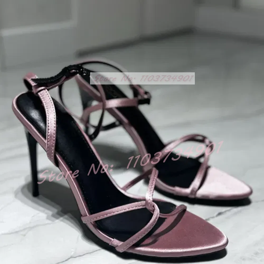 Cross Strap Pink Satin Sandals Women Trendy Ankle Strap Round Toe Thin High Heels Shoes Lady Elegant Party Sexy Big Size Sandals
