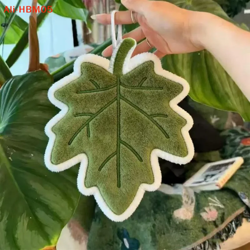 (HB05)Cute Creative Plant Leaf Shape Hand Towel Thick Absorbent Coral Fleece Hanging Towel For Kitchen Bathroom Handkerchief