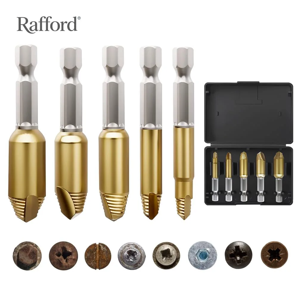 Raffrod 5 Pcs Stripped Screw Extractor Set - HSS 4321, Manually Remove Screws and Bolts, Damaged Screw Removal Extractor Set
