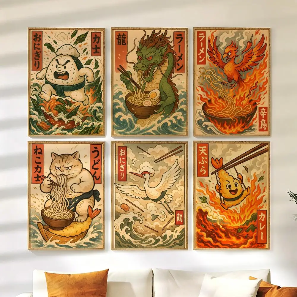 Retro Japanese Food Tempura Ramen Poster Wall Stickers HD Painting Self Adhesive Art Decals for Bedroom Living Room Home Decor