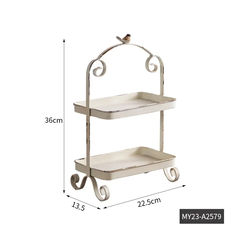 Metal White Double Height Tray with Retro Bird Finale, Cake Stand, Kitchen Storage Accessories