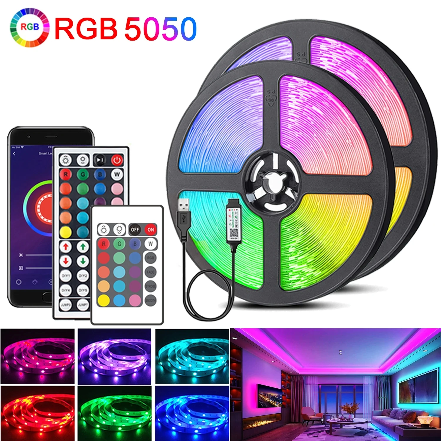 

10m 20m Led Strip Lights with 44 Key Remote Control 5050 RGB Tape Led Wall Room for Home Bedroom Party Decor TV Backlight