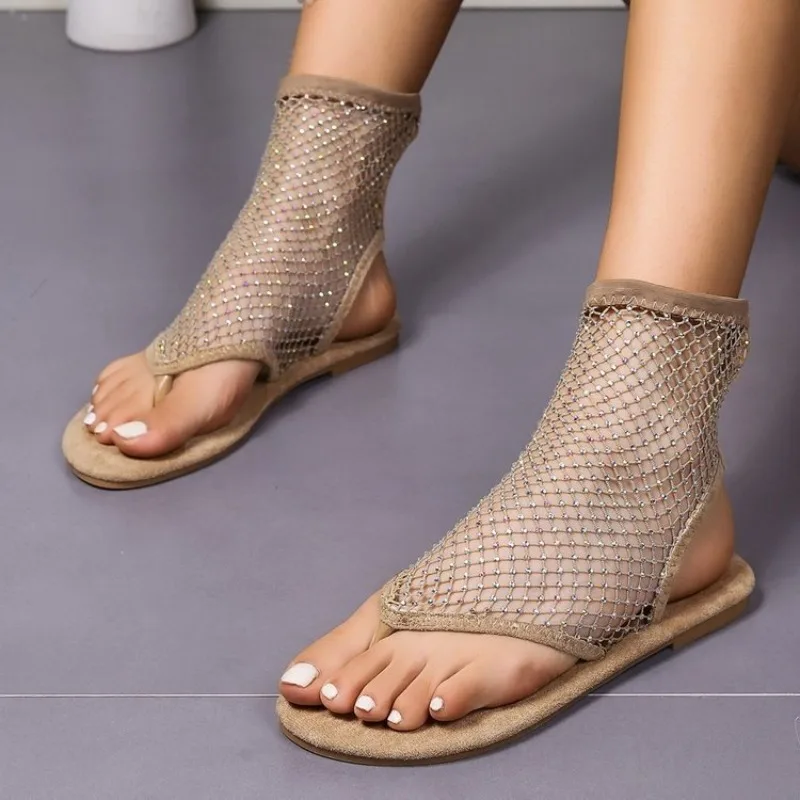 Women's Sandals 2027 Women's New Single Finger Toe Flat Bottom Short Boots Water Diamond Sexy Flat Bottom Shoes Sandals Slippers