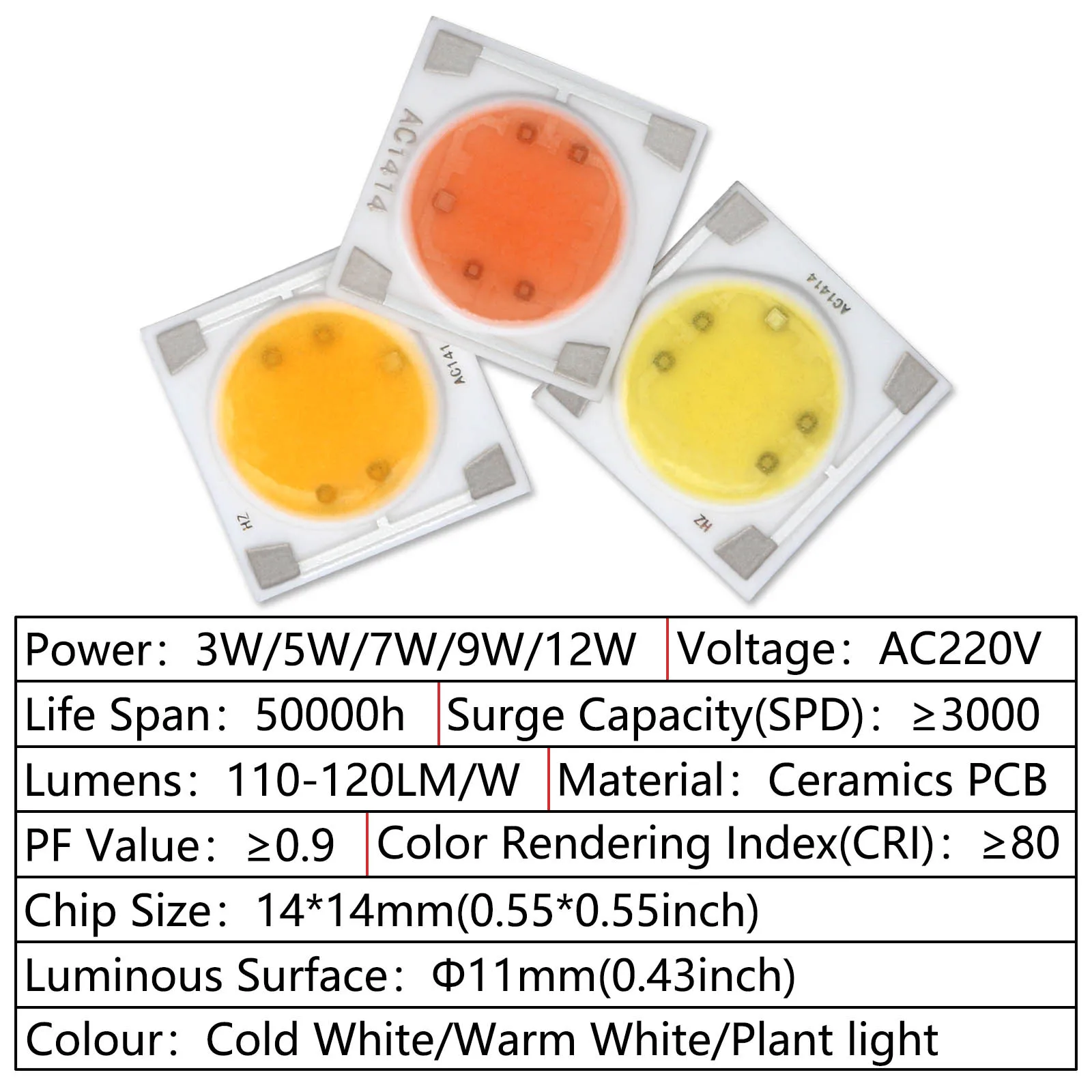 5pcs AC 220V LED COB Light Beads 3W 5W 7W 9W 12W Ceramic Substrate Smart IC Chip For DIY LED Lighting Floodlight Spotlight Lamp