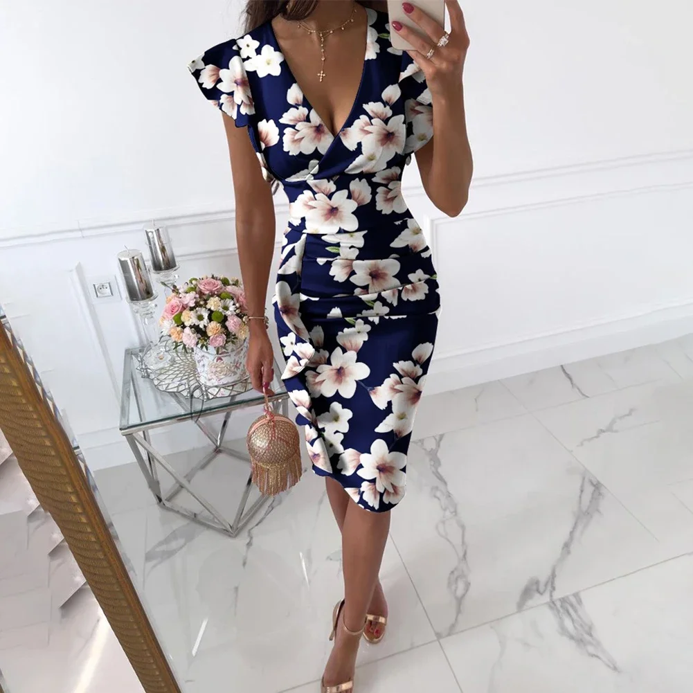 

Women Floral V Neck Wrap Dress Comfy Fashion Evening Party Dress Bodycon Summer Breathable Cocktail Floral OL Ruffles Sleeve