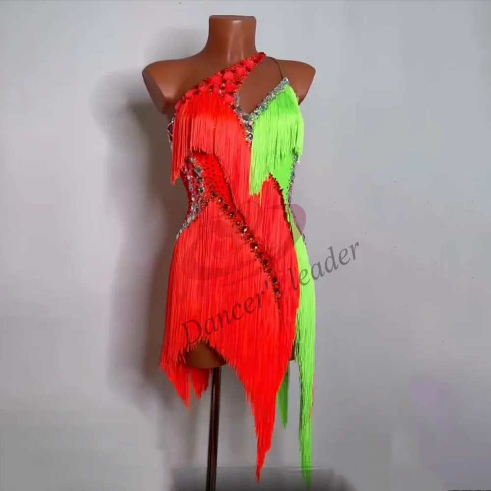 ラテンダンス競技女性の子供のハイエンドカスタム 2 色タッセルステッチルンバタンゴパフォーマンスブラックプールドレス