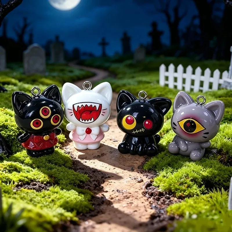 4Pcs Cute Halloween Monster Black Cat Resin Charms 3D Devil‑Eye Kitten Pendants for DIY Keychain Necklace Jewelry Making