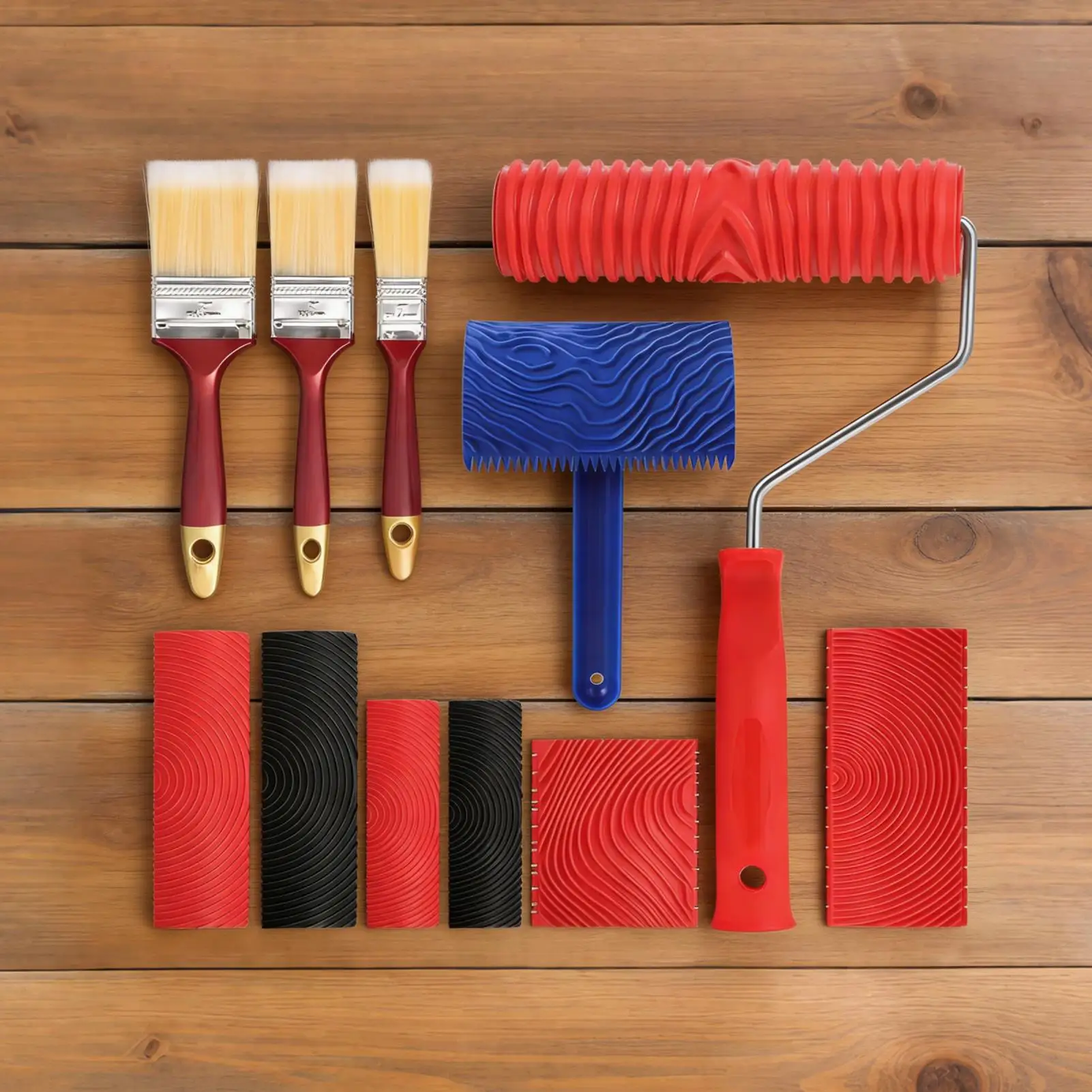 Wood Grain Tool 11 Pieces Fake Rubber Graining Tool With Handle Wood Grain Painting Roller For Home Room Furniture Decoration