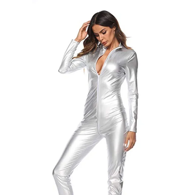 

Woman sexy silver Metallic full Catsuit Front Back Zipper Jumpsuit Long Sleeve Bodysuit Teddy Party Costume Night Clubwear