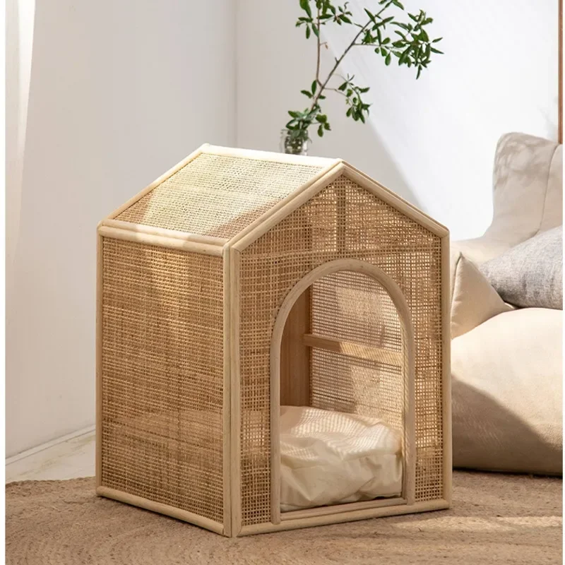 Japanese Cat\'s House High Appearance Level Beds for Cats Creative Rattan Weaving Litter Cats Ventilation Breathable Pet House