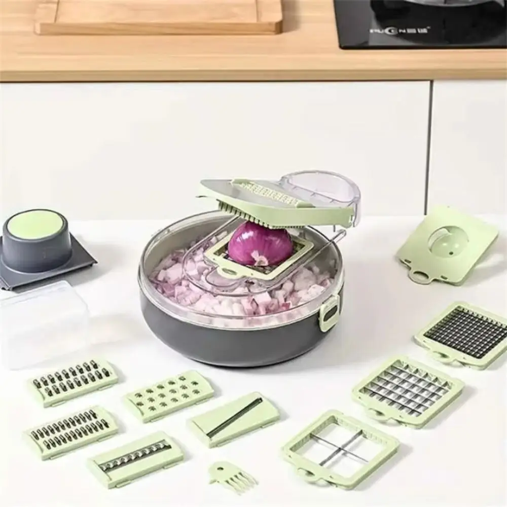 

Stainless Steel Multifunctional Vegetable Cutter Hand Guard with Container Vegetable Chopper with Drain Basket Multi Accessory