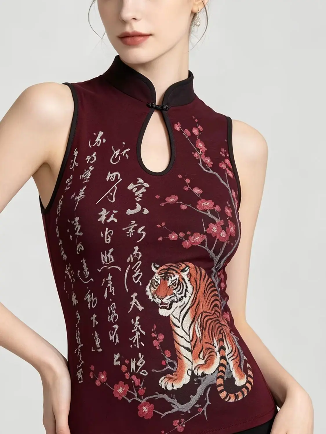 Women's Oriental Calligraphy Tiger Floral Print Cheongsam Collar Vest Sleeveless Slim Fit Hollow out Tank Top Fashionable Chines