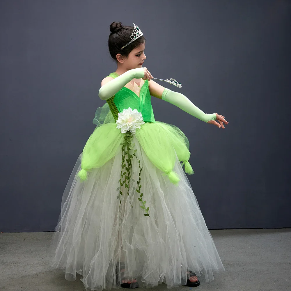 Halloween Long Green Mesh Tutu Dress Princess Layered Flared Tulle Skirt Sleeveless Outfit Stage Performance Evening PartyAttire