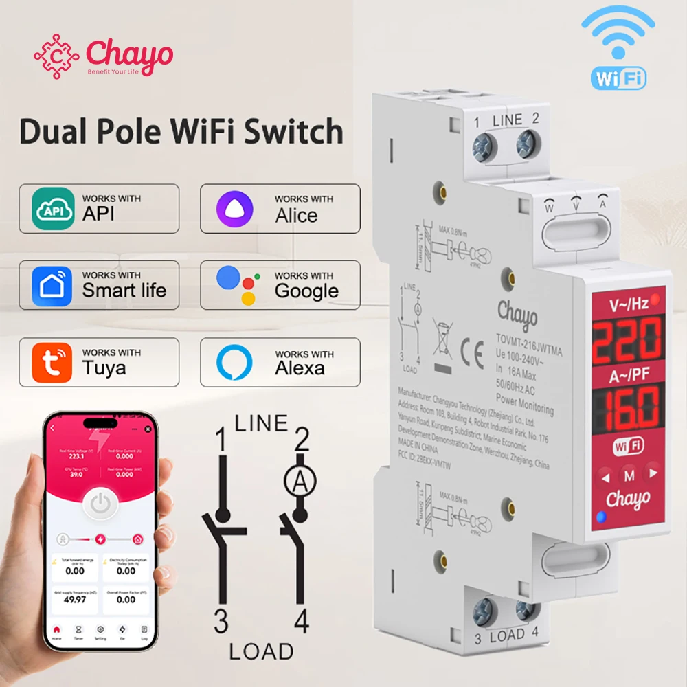 Tuya WiFi 18mm Slim 2P Smart Breaker 16A, L/N +L/L Wiring, Over Undervoltage Auto Manual Recloser Relay, Smart Life APP Control