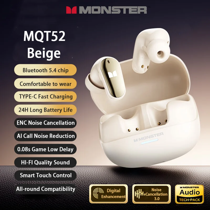 Choice Monster MQT52 TWS inalámbrico Bluetooth V5.4 auriculares estéreo HIFI para juegos música auriculares parlantes cancelación de ruido auriculares