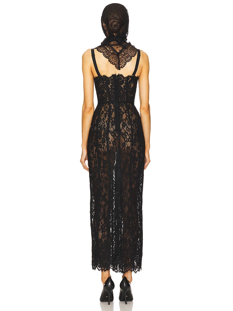 2025 Women Black Lace Sleeveless Sexy Breast Wrap Halter Slim Fit Bodycon Long Dress Nightclub Party Evening Hot Chick Outfit