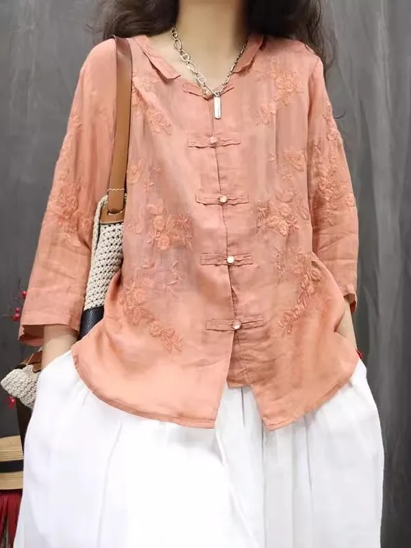 

Heavy Embroidery Loose Casual Summer Shirt Women's plus Size Lightweight Breathable Seven Sleeve Loose Fit Sun Protection Ope...