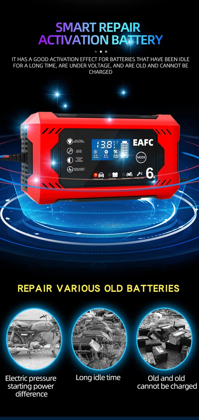 Intelligentes 12V Batterieladegerät für Autos & Motorräder 6A/10A Ausgang LCD-Bildschirm Reparaturmodus Überladeschutz-Design Ladestation – Detail 4