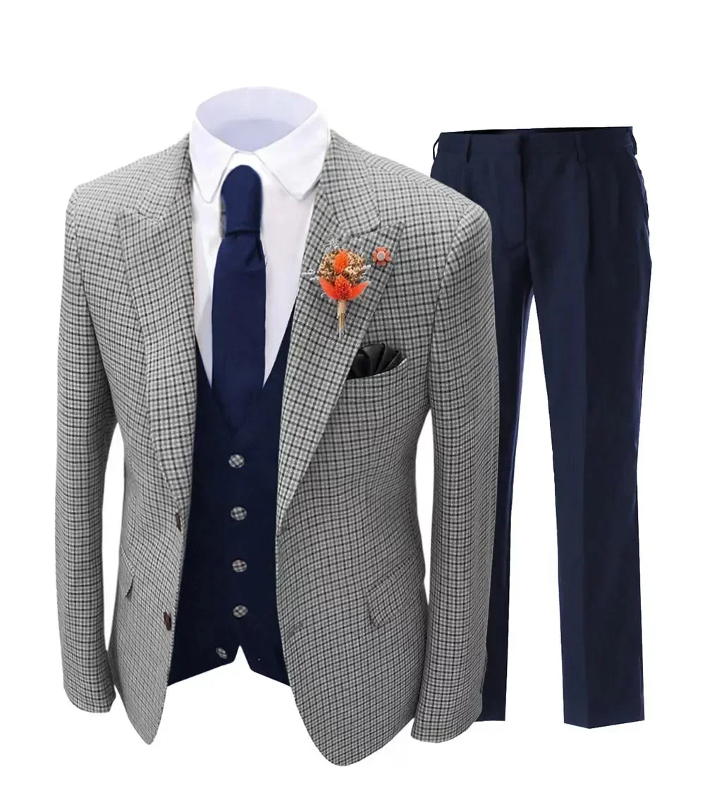 Plaid Suit Mens Slim Fit Mens 3 Piece Suit Notched Lapel Vintage Plaid Suits For Wedding Dress Evening Party High Quality