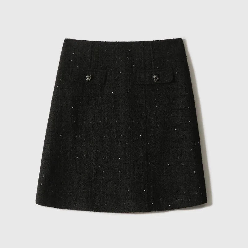 Solid Color High-waisted Buttoned Black Fine Glitter Autumn and Winter High-waisted Slimming A-line Skirt