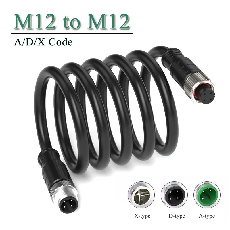 Waterproof M12 8Pin Shielded Connector Network Cable 4Pin 12Pin A/D/X Code Male to Female Extension Line Gigabit Connection Cord