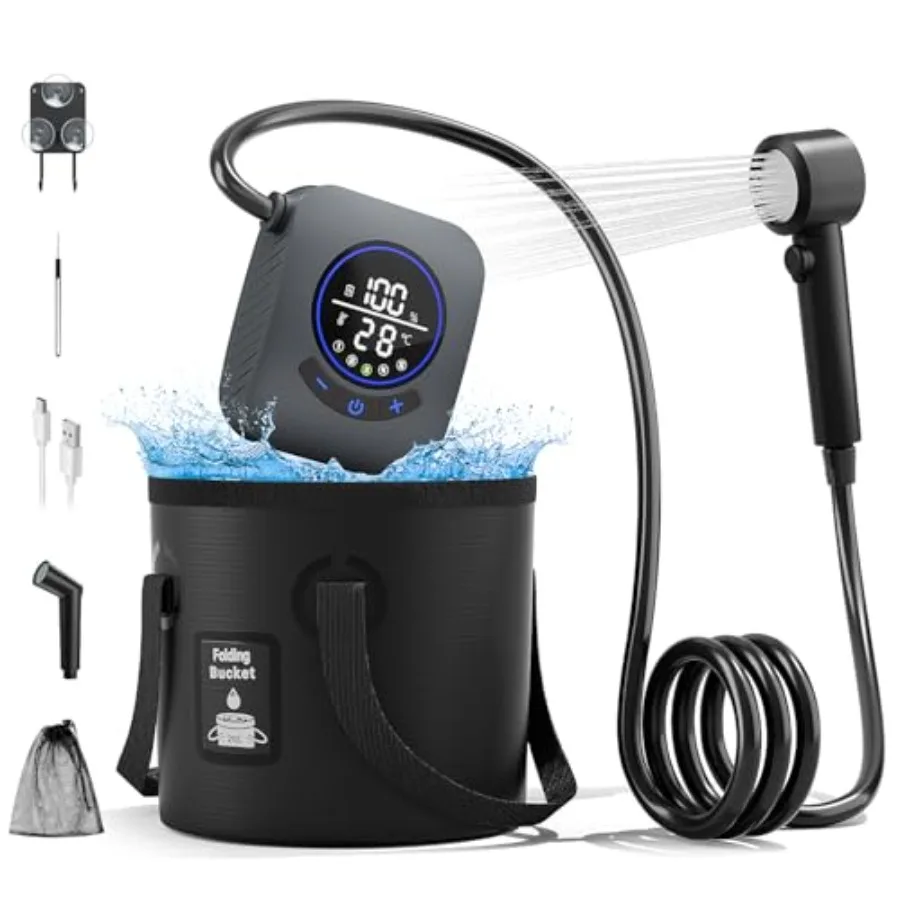 

Портативный душ для кемпинга 8000 мАч, обновленный перезаряжаемый электрический насос для душа с 5-галлонным ведром, интеллектуальный LED-дисплей, портативный