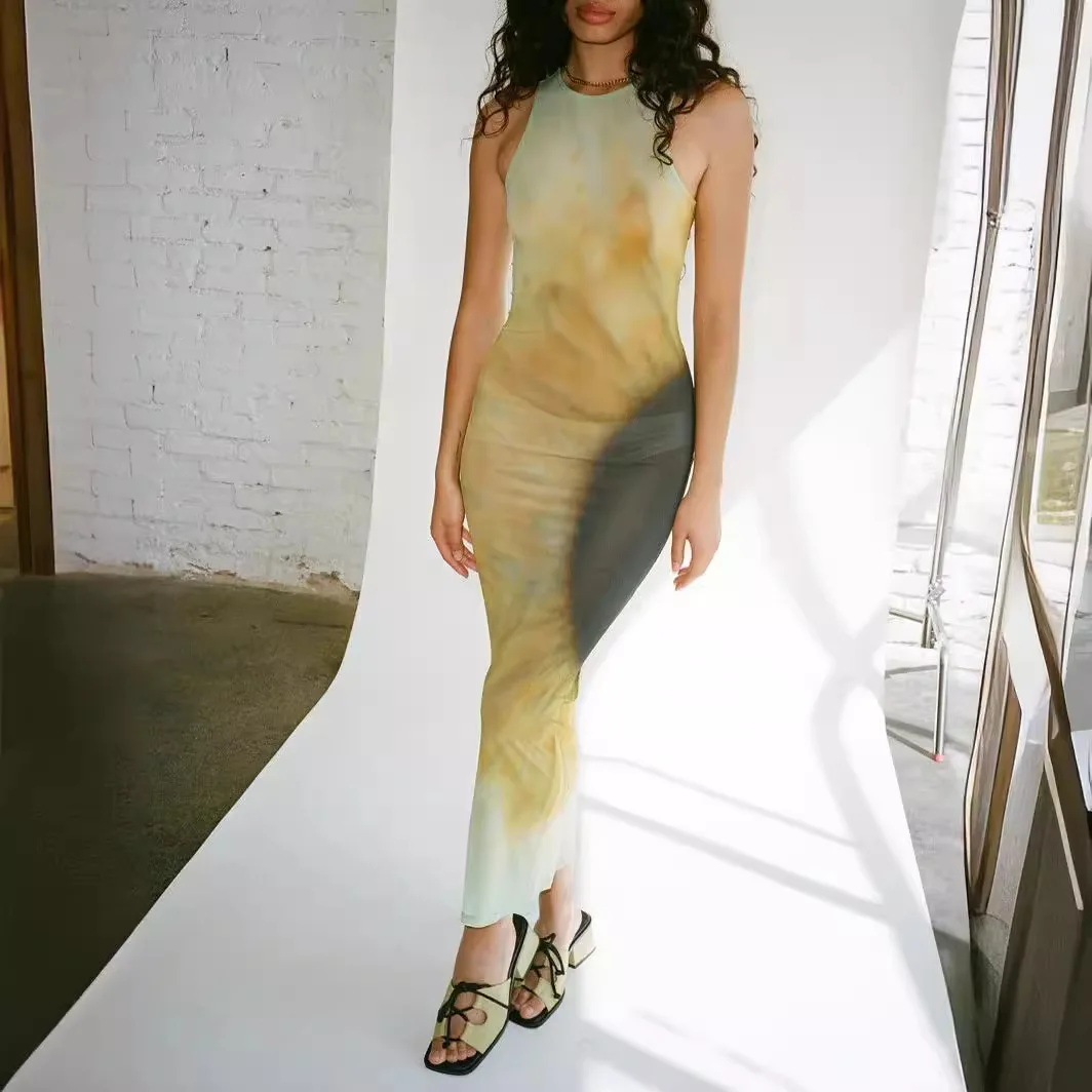 Robe maxi imprimée à effet nickel é de fibres semi-transparentes pour femmes, robe en maille pour tambours commandés, tenue de plage de vacances d'été