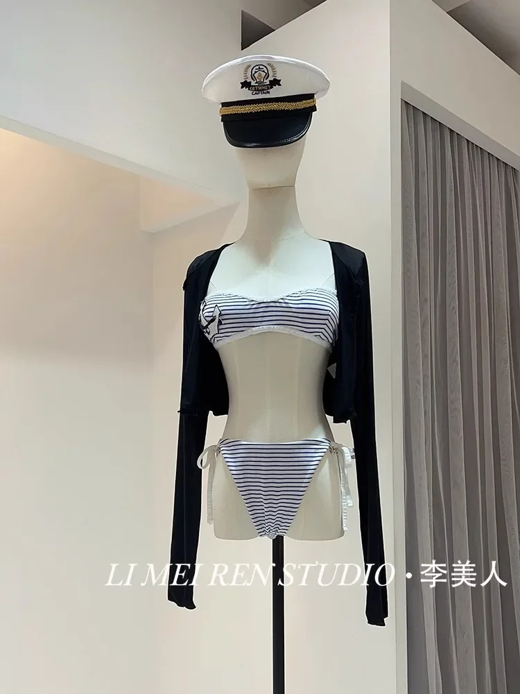 New Hot girl navy style blue striped bikini swimsuit women's three piece set beach vacation