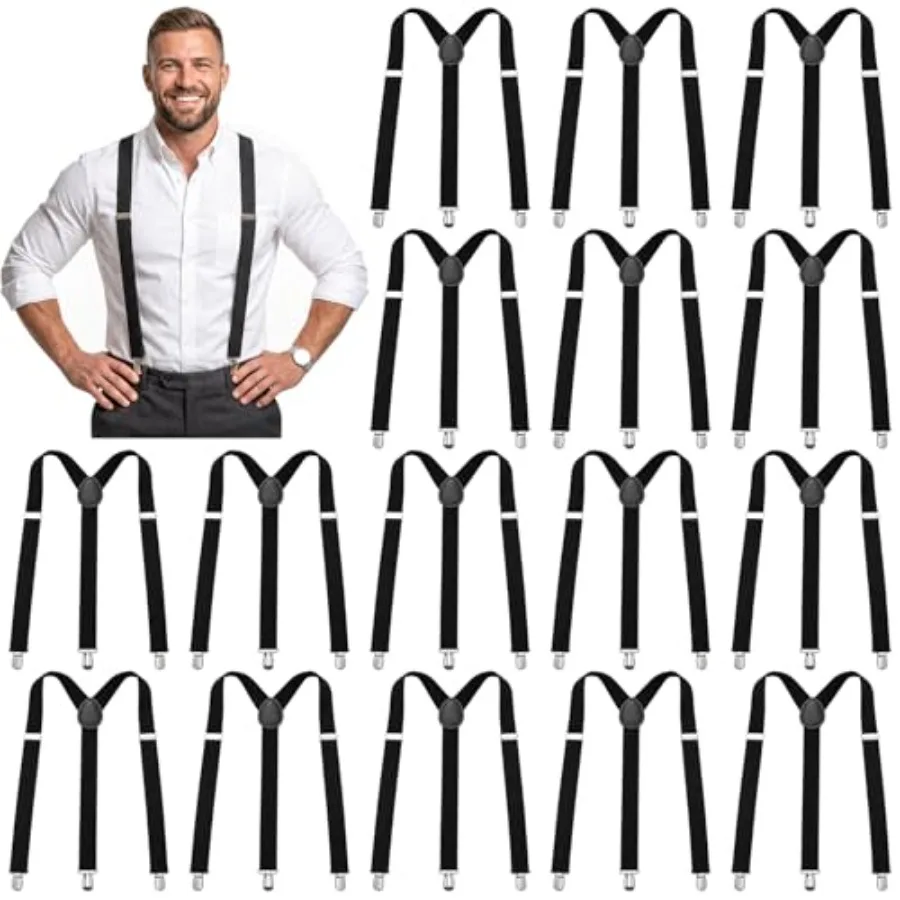

16 Pcs Black Suspenders for Men, Heavy Duty Adjustable Y-Back Suspender with Clips, Individually Wrapped Elastic Suspenders Sui