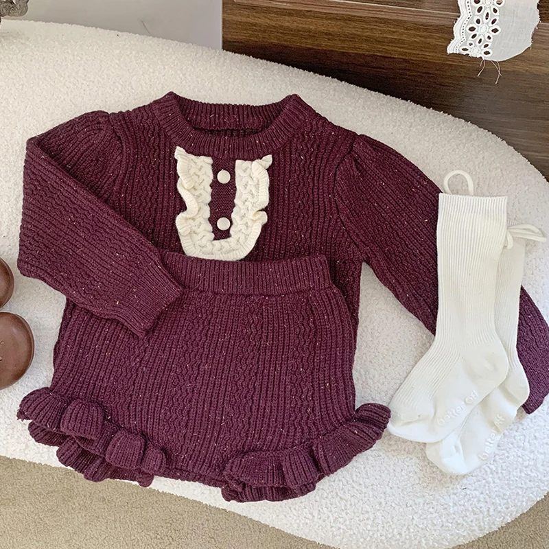 2024 New Autumn Newborn Baby Girls Clothing Set Long Sleeved Knitted Pullover+Shorts Toddler Baby Girl Knitted Clothes Suit