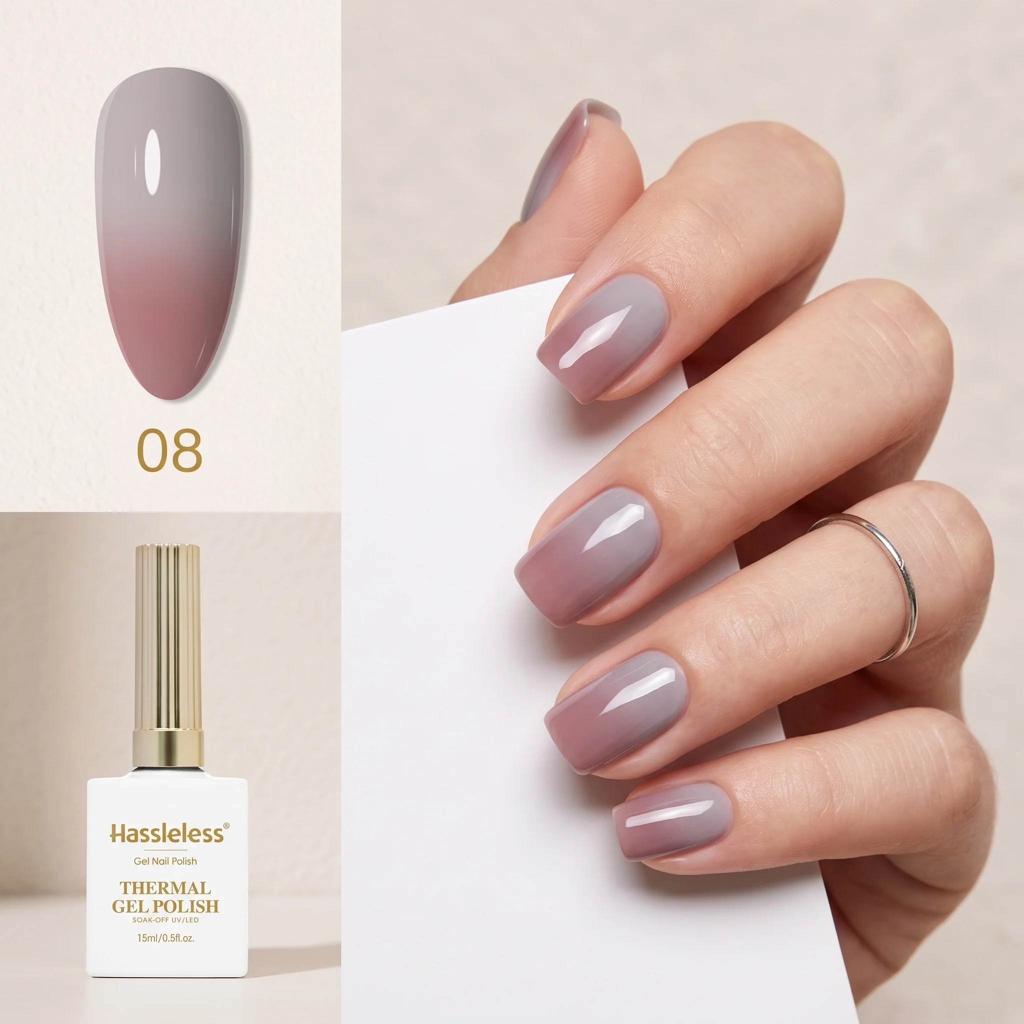 Hassleless Milk Tea Nude Brown Temperature-Changing Nail Polish Gel, Single Tube, Moderate Gel Consistency, Smooth Application