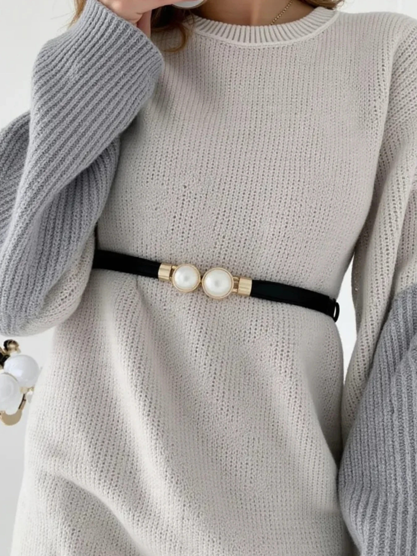 1pc Elegant Vintage Pearl Waist Chain Belts Women's Korean Style Sweater Jacket Hooks Elastic Slim Fit Leather Belt
