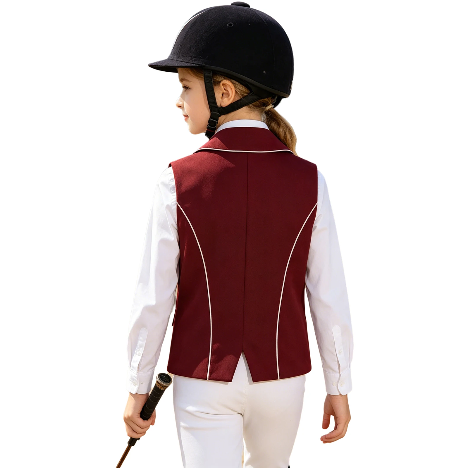 Kids Girls Sports Horse Riding Vest Lapel Collar Sleeveless Jacket Contrasting Asymmetrical Hem Button Waistcoat with Pockets