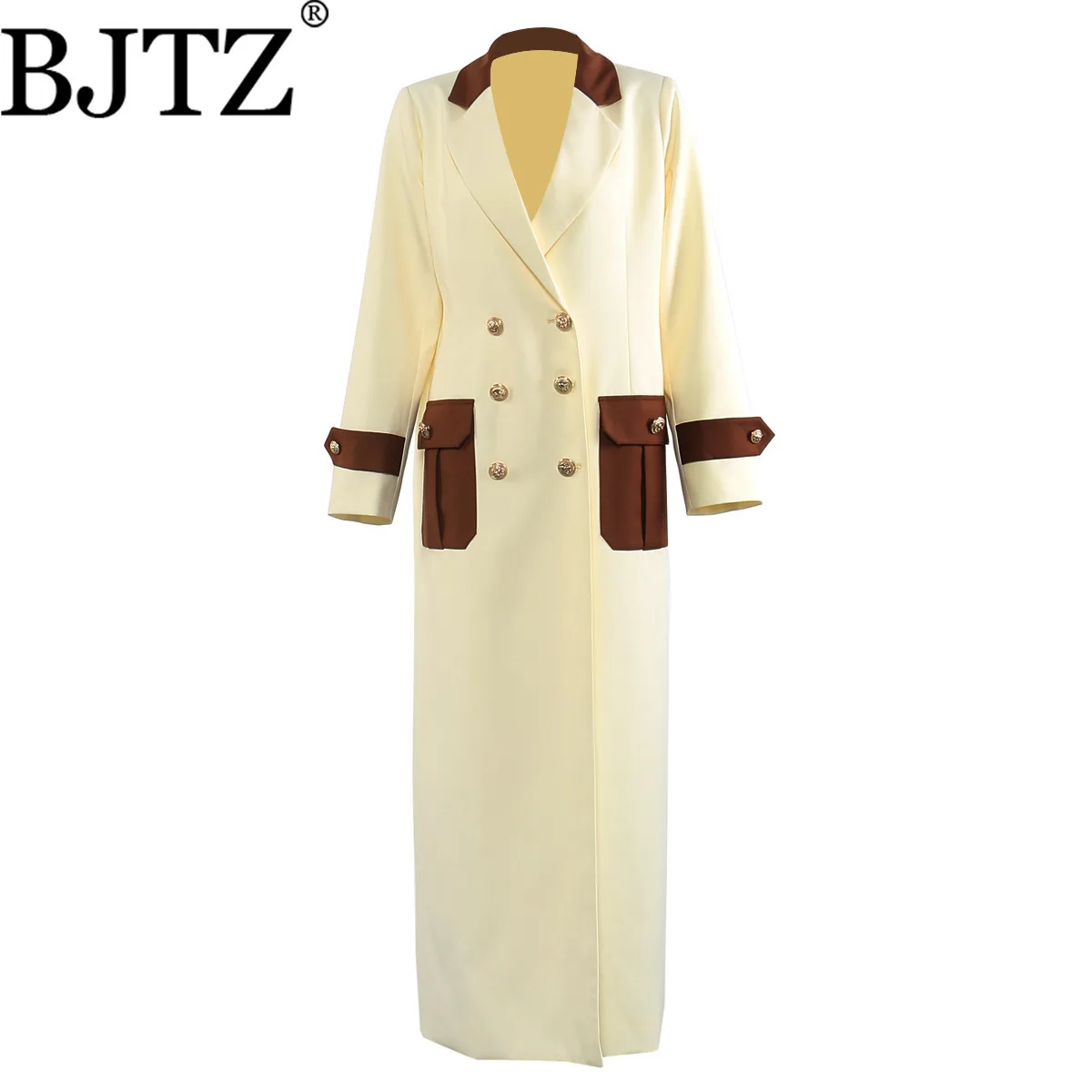 

BJTZ Autumn Winter Women’s Longline Trench Coat Color Block 3D Gold Buttons Oversized Streetwear Warm Windproof Luxe Outerwear