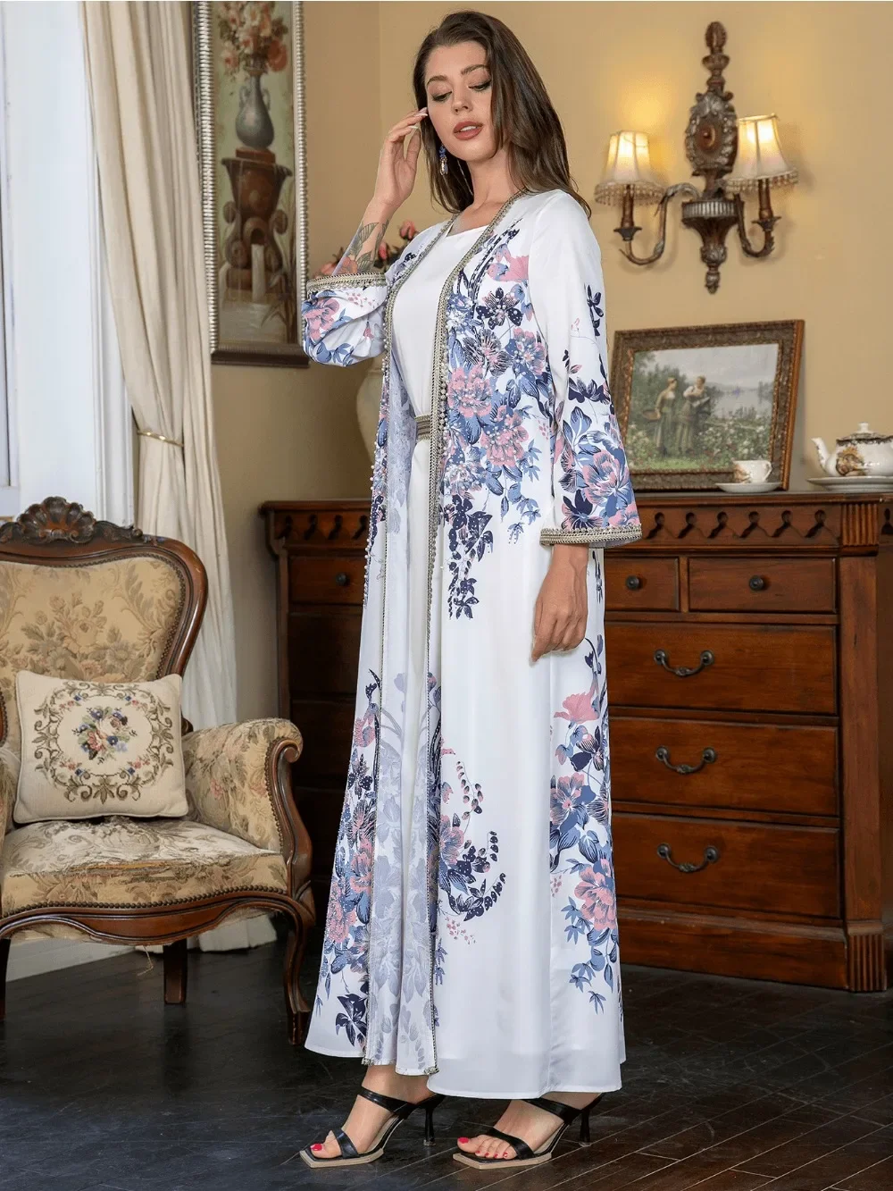 Eid Muslim Abaya for Women Flower Print Dresses Moroccan Kaftan Ramadan Dubai Abayas Party Vestidos Arab Long Robe Jalabiya 2024