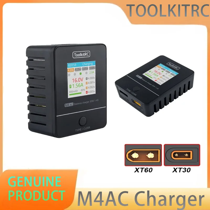

ToolkitRC M4AC 30 Вт Зарядное устройство для баланса ЖК-экрана 2S 3S 4S Lipo AC100-240 В XT60 Интерфейс 100-240 В для аккумулятора гоночного дрона на радиоуправлении